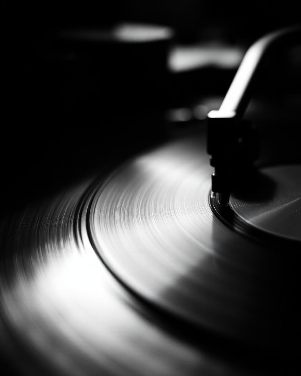 Close-up of a spinning vinyl record in high contrast black and white